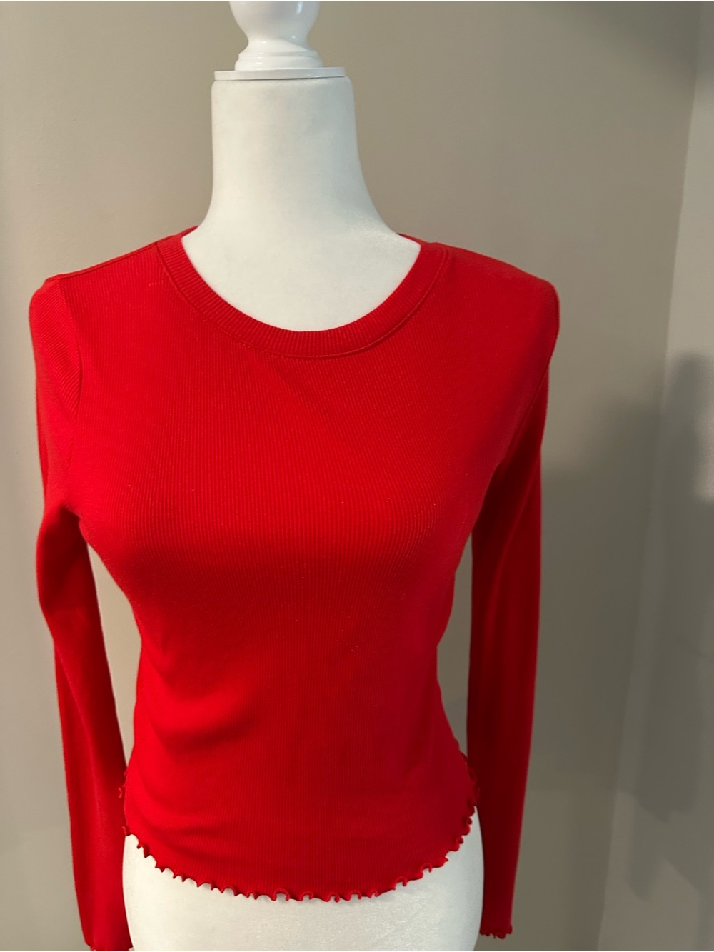 Forever 21 Red Ribbed Long-Sleeve Crew Top with Lettuce Hem